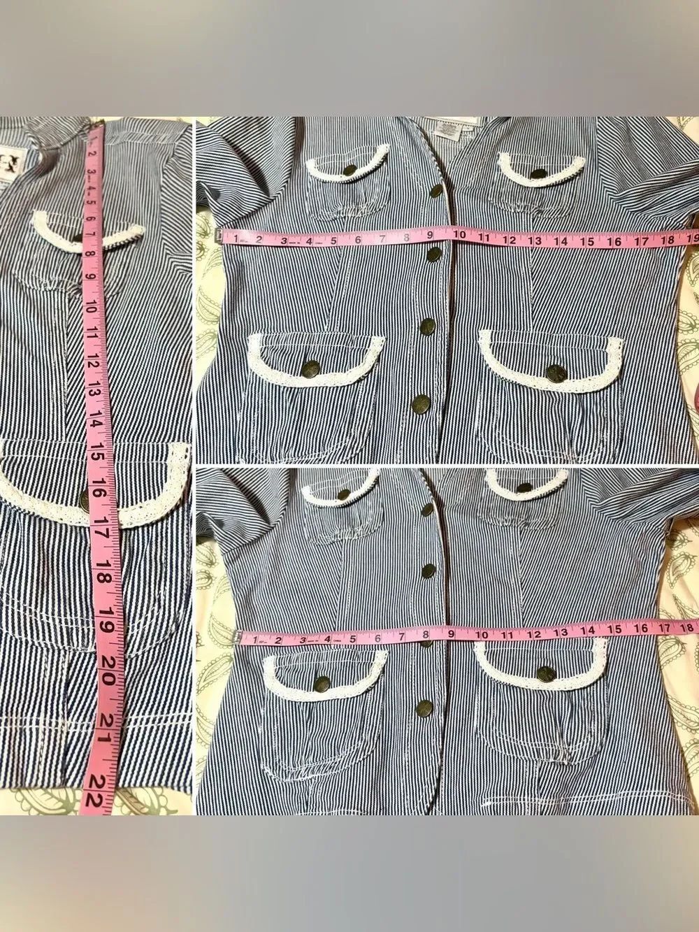 Y2K Ami Blue Striped Cotton Denim Jacket Blazer Pocket Lace Details S - Picture 8 of 9